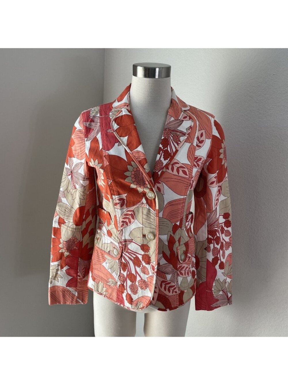 Ann Taylor LOFT Small‎ Petite Colorful Retro Floral Blazer Two Button Jacket